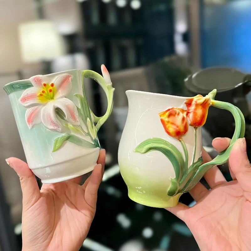 Solhui 3d Pastoral Style Enamel Tulip Mug Home Office High-value Ceramic Drinking Water Cup