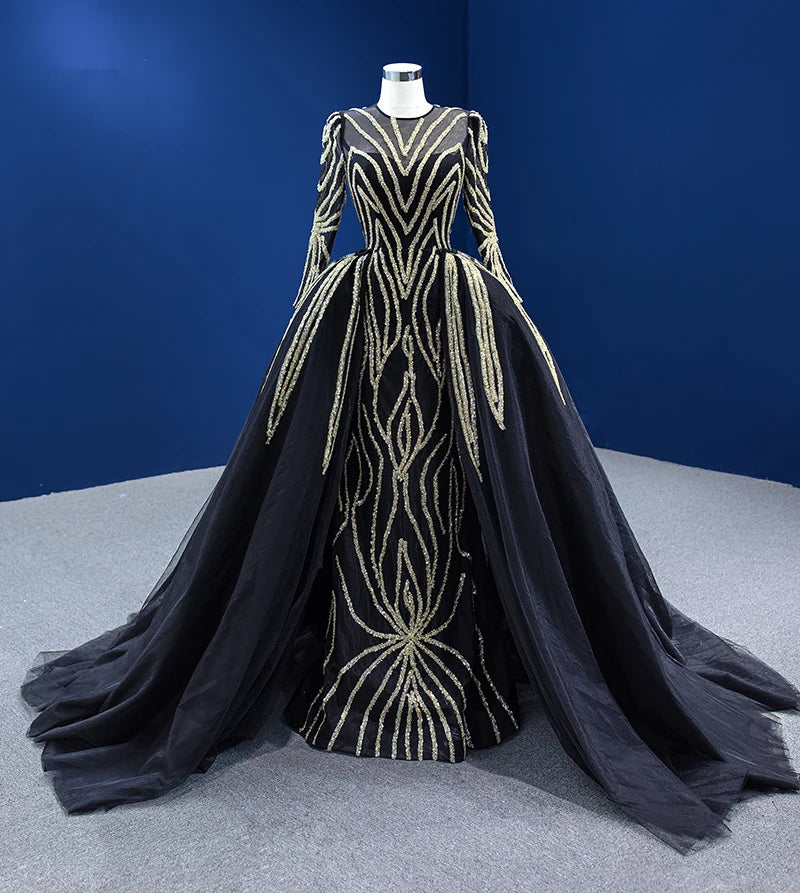Rsm67573 Luxury Black Perspective Long Sleeve Long Gown Bling Party Elegant Evening Dresses Women