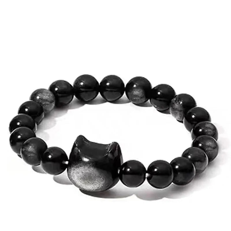 Hot Sale 8mm Silver Obsidian Stone Beaded Bracelet for Women Cute Cat Animal Design Fashion Party Gift Elastic Bracelet Jewelry