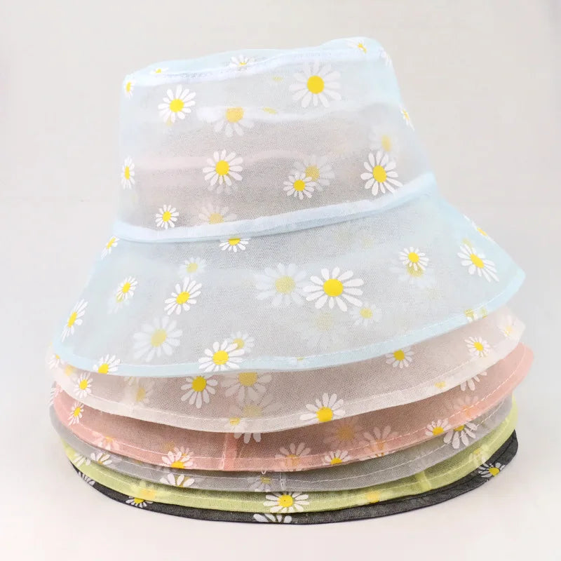 2021 Daisy Flower Print UV Sun Protection Women Panama Lace Transparent Clear Bucket Fashion Hats