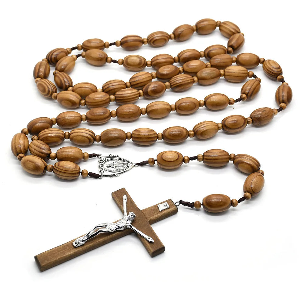 Pine Wood Beads Rosary Necklace with Crucifix & Miraculous Medal Catholic Prayer Rosary Wholesale Religious Supplies