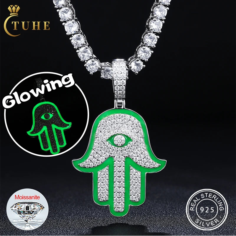 Trend Enamel Plated 925 Sterling Silver VVS Moissanite Diamond Iced Out Evil Eye Hamsa Hand Pendant Necklace for Men Women