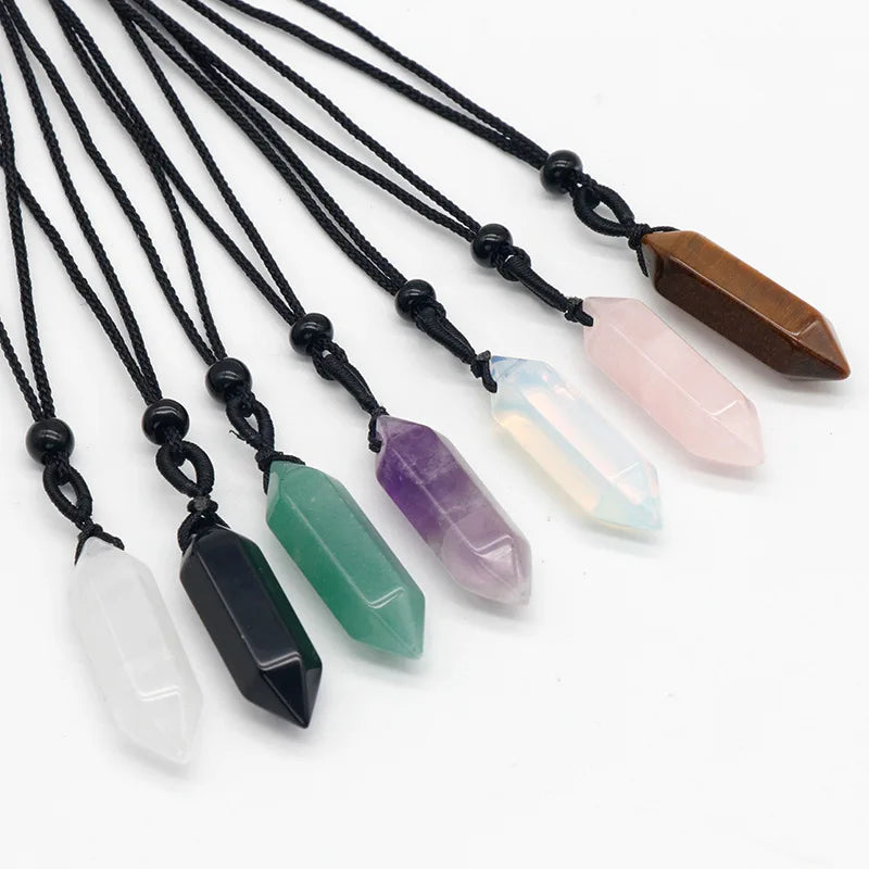 Healing Hexagonal Crystal Two Point Pendant Necklace for Men Women Quartz Stone Prism Pendant with Adjustable Black Cord