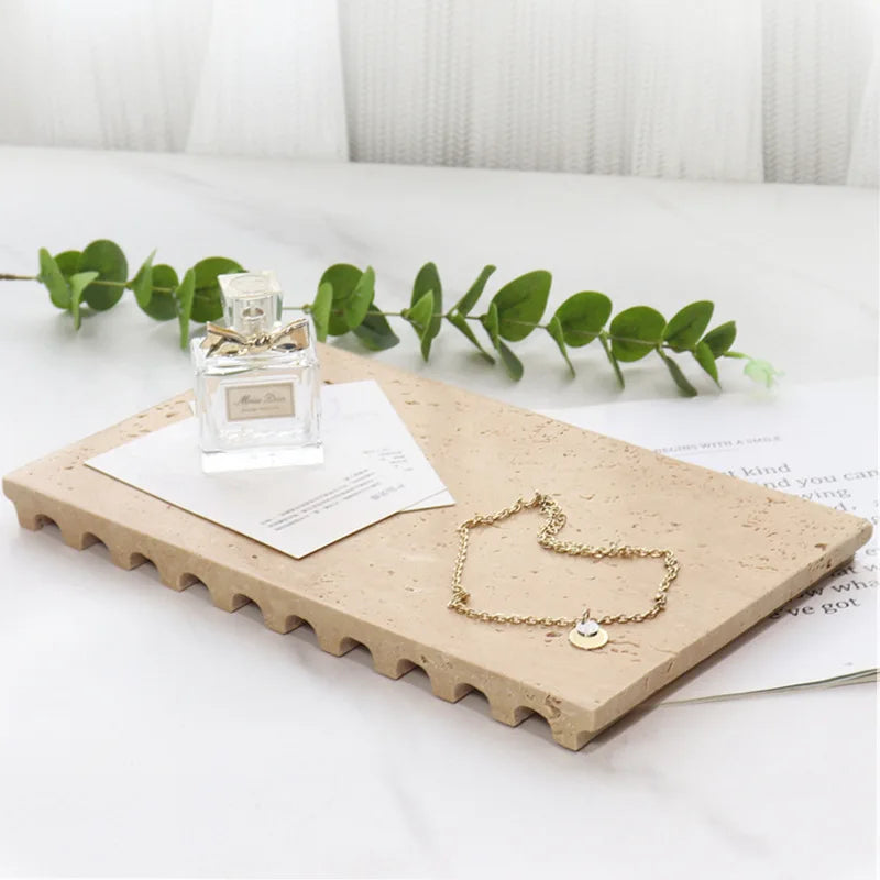 HZXLuxury Marble Vanity Tray Natural Marble Stone Serving Tray Rectangular Travertine Trays Home Decor