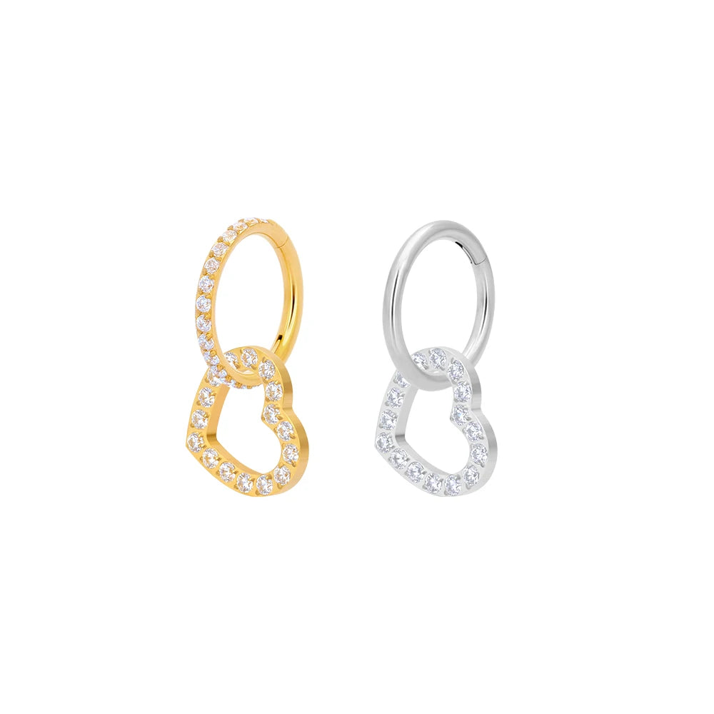 ASTM F136 Titanium 16G Heart Shaped Paved With CZ Dangle Clicker Fashion Earrings Helix Daith Earlobe Piercing Jewelry