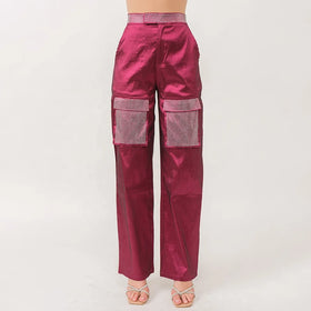 Factory Custom Producing Ankle Length Rhinestone Patched Waistband Big Pockets Stacked Cargo Pants Women