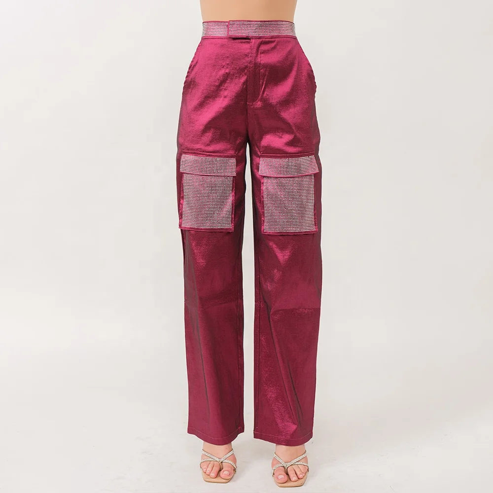 Factory Custom Producing Ankle Length Rhinestone Patched Waistband Big Pockets Stacked Cargo Pants Women
