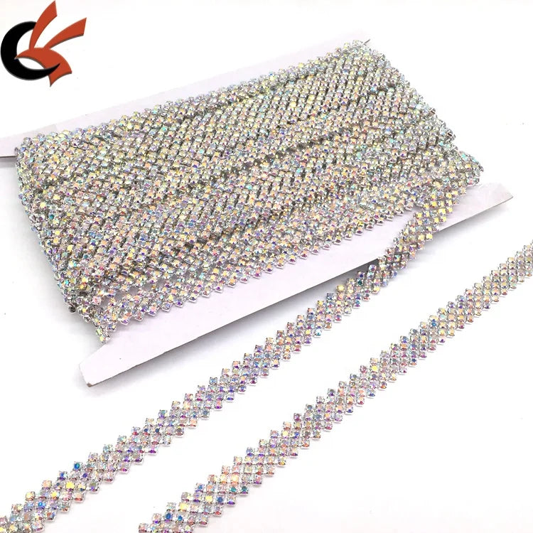 Wholesale Wedding Bridal Silver Rhinestone Three Rows Crystal ab Rhinestone Chain Trimming
