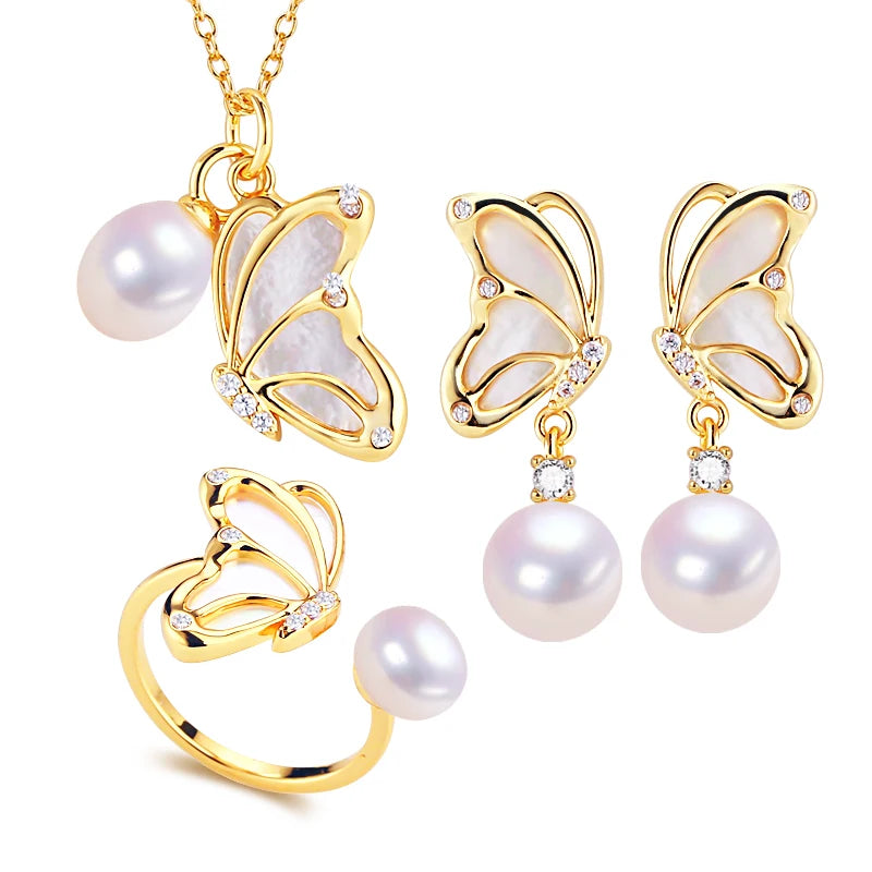 Wholesale Luxury Sea Shell Butterfly Natural Freshwater Pearl Earrings Necklace Rings Jewelry Set