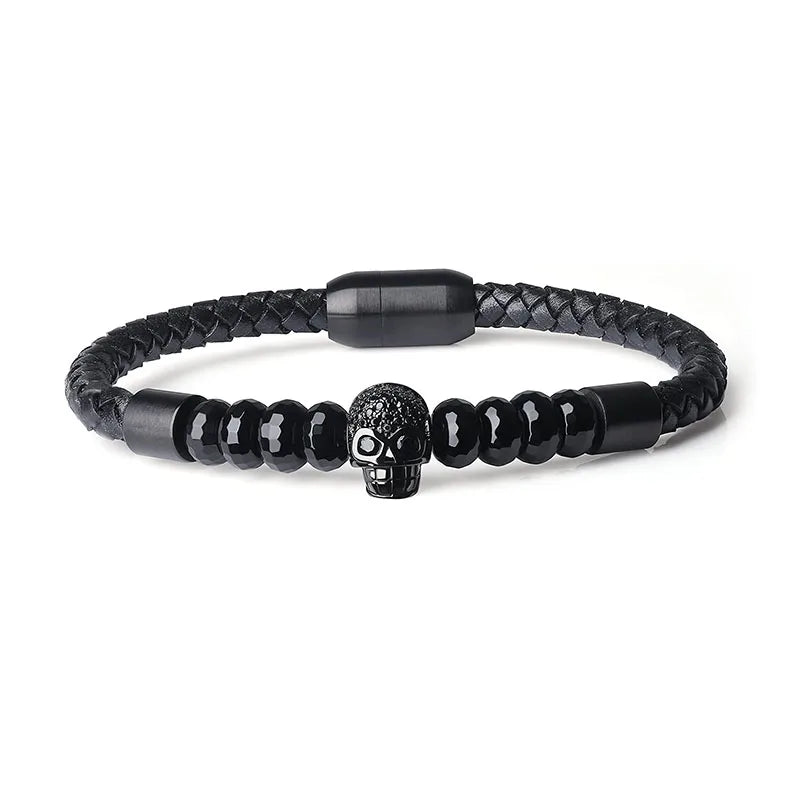 High Quality New Design Natural Stone CZ Skull Helmet Charm Stainless Steel Genuine Leather Custom Logo Bracelet Men