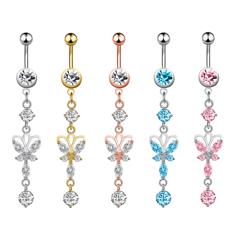 New Design 10pcs/set Butterfly Dangle Belly Button Ring Multi-Color Stainless Steel Navel Piercing Body Jewelry Zircon Trendy