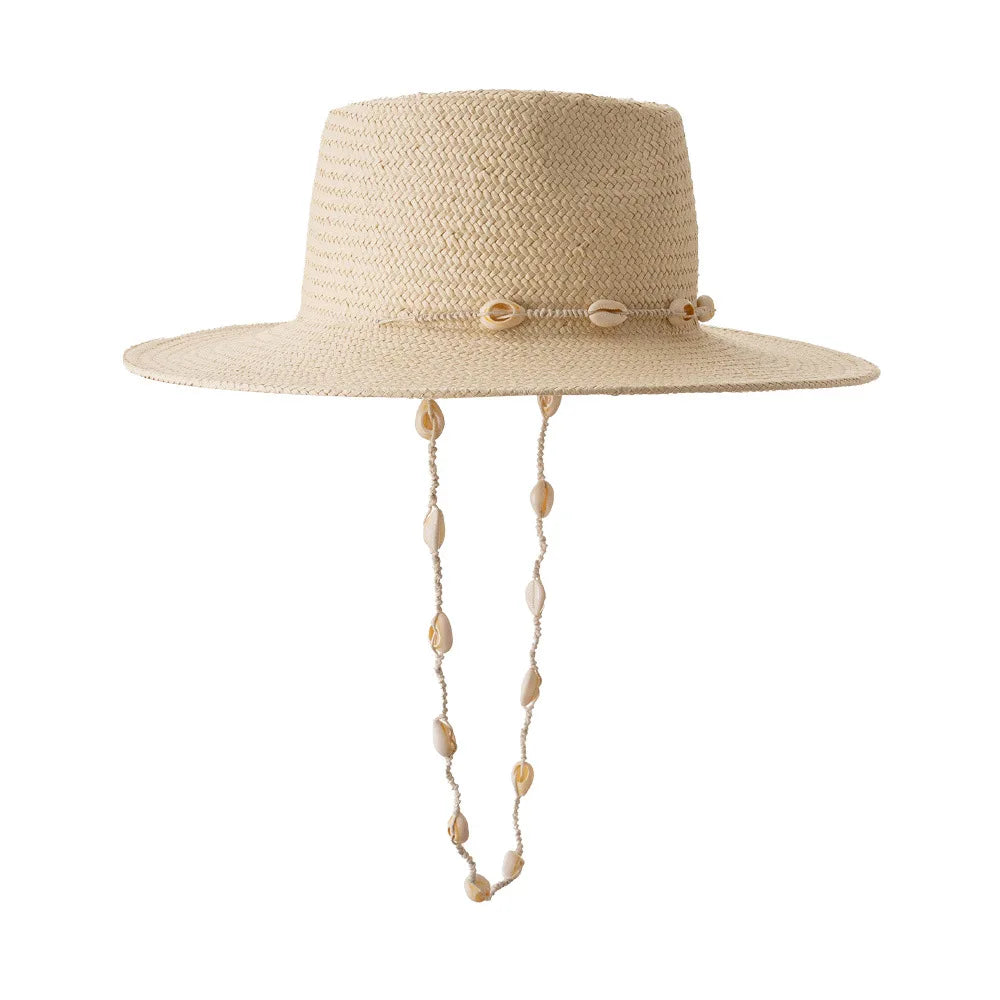 2023 Summer New Trendy Shells Chin String Design Fedora Beach Hat Paper Straw Hats for Ladies Women Travel Vacation Sun Shade