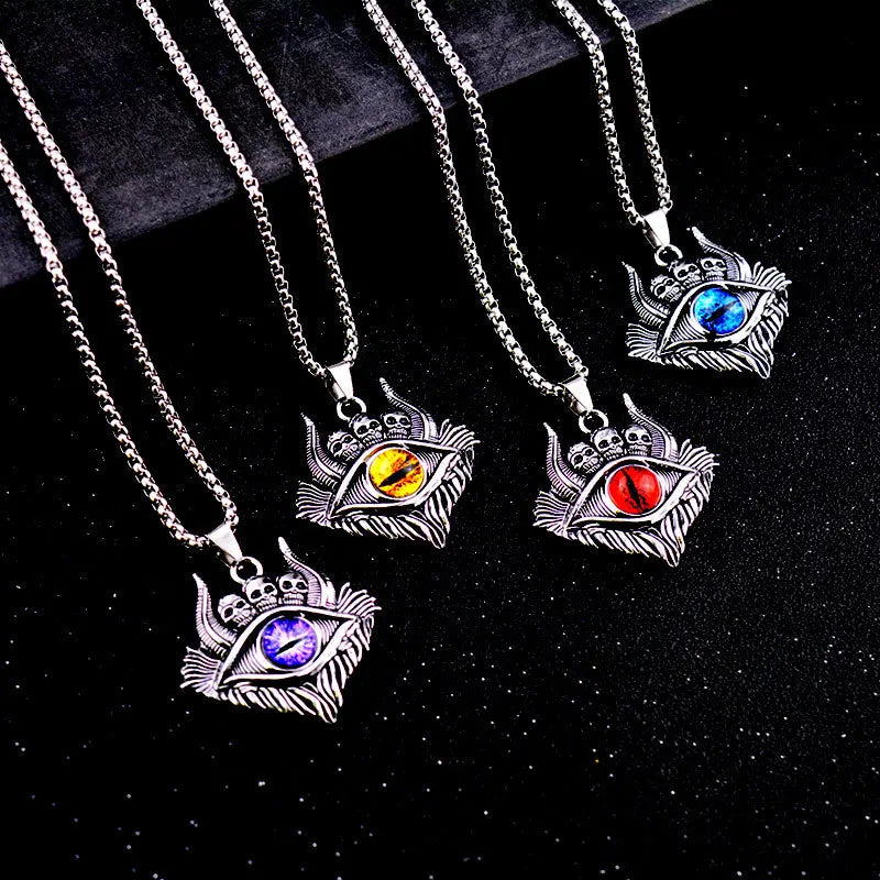 SC Gothic Viking Devil Eye Necklace Cow Head Pendant Necklace Stainless Steel Chain Satan Devil Eye Skull Necklace for Men