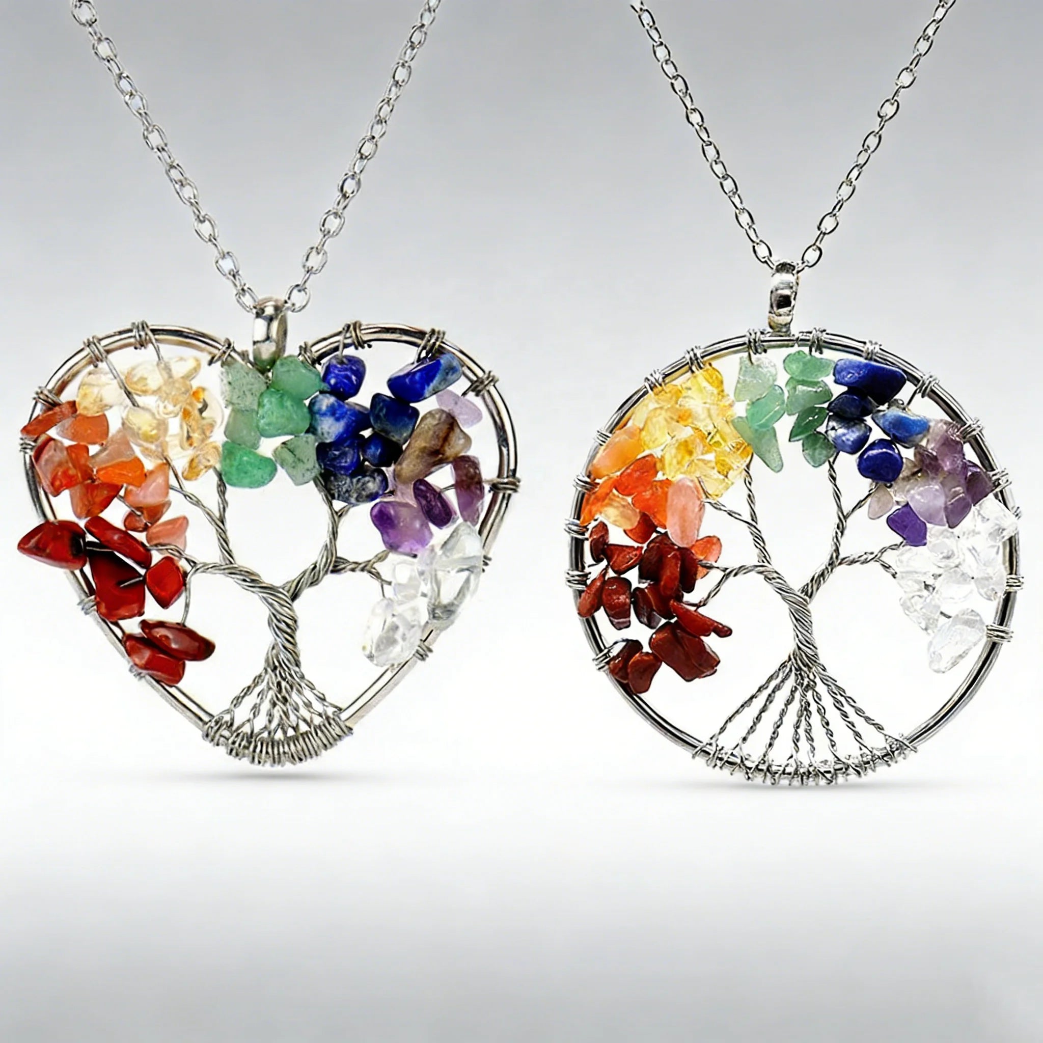 Fashion Handmade Heart Round Natural Stone Tree of Life Pendant 7 Chakra Necklace Jewelry