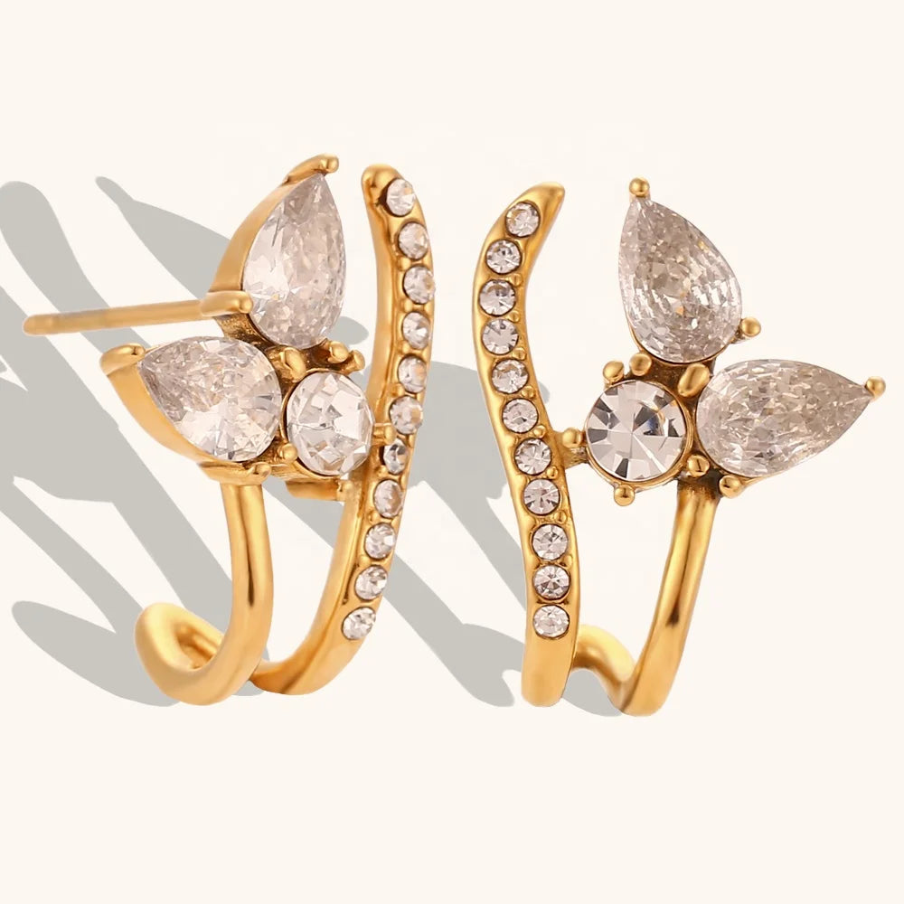 Dingran Best Selling AAA Zircon Flower Stud Earrings 18k Pvd Gold Plated Stainless Steel Jewelry