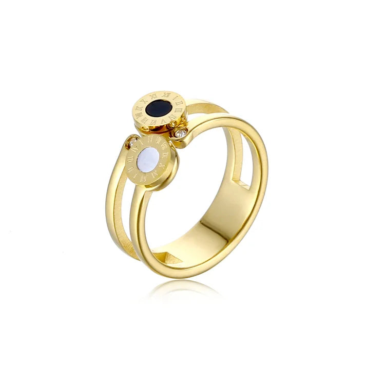 Fashion Womens Shell Rings Stainless Steel Gold Plated Engraved Roman Numerals Ring