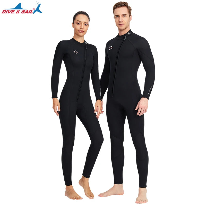 DIVE&SAIL Scuba Diving Wear Men Women One Piece Neoprene Diving Suit 3mm Long Sleeve Front Zip Wetsuit for Snorkeling Surfing
