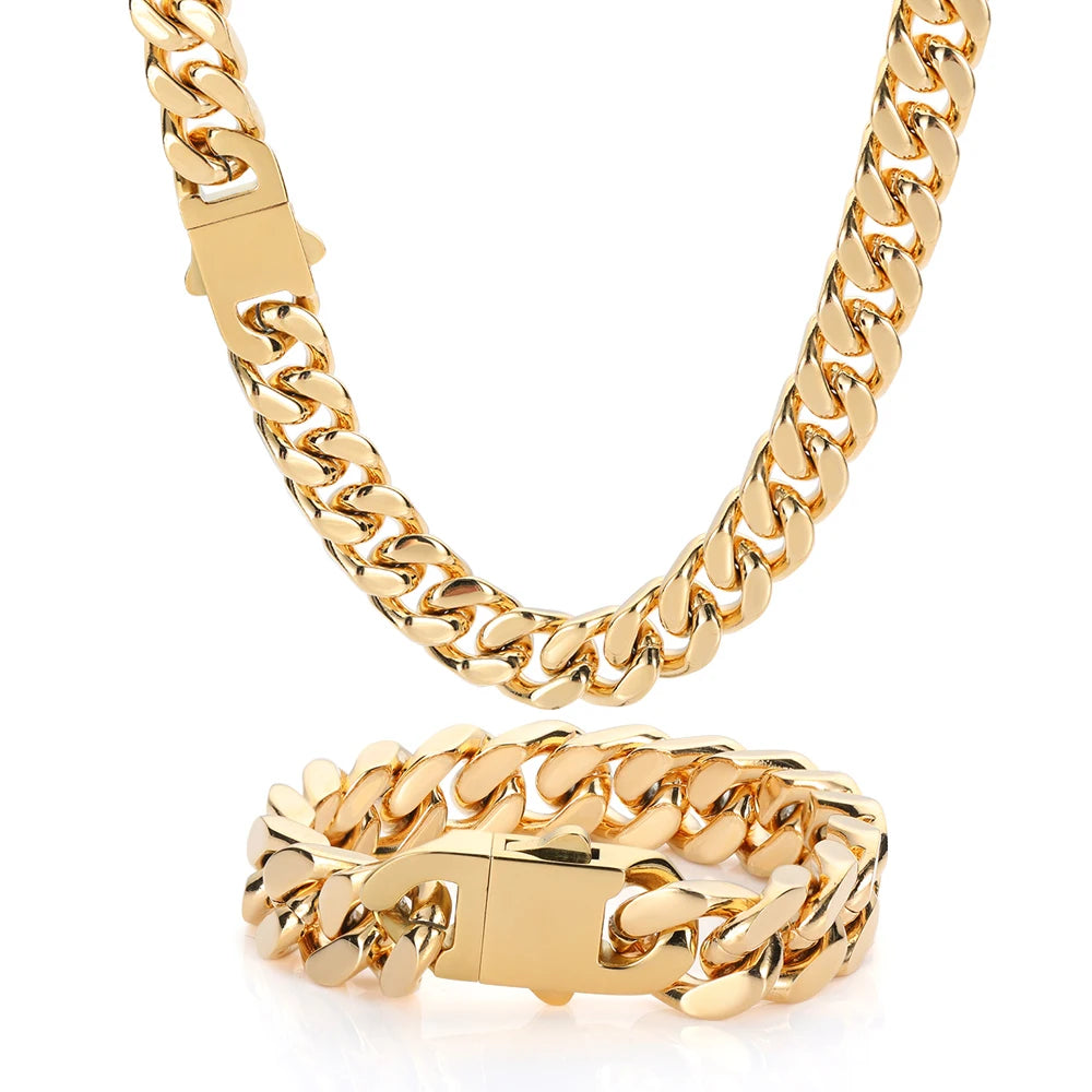 NUOYA 11mm Flat Men Hip Hop Rock Jewelry 18K Gold Stainless Steel Curb Cuban Link Chain Four Sided Grinding Necklace for Women