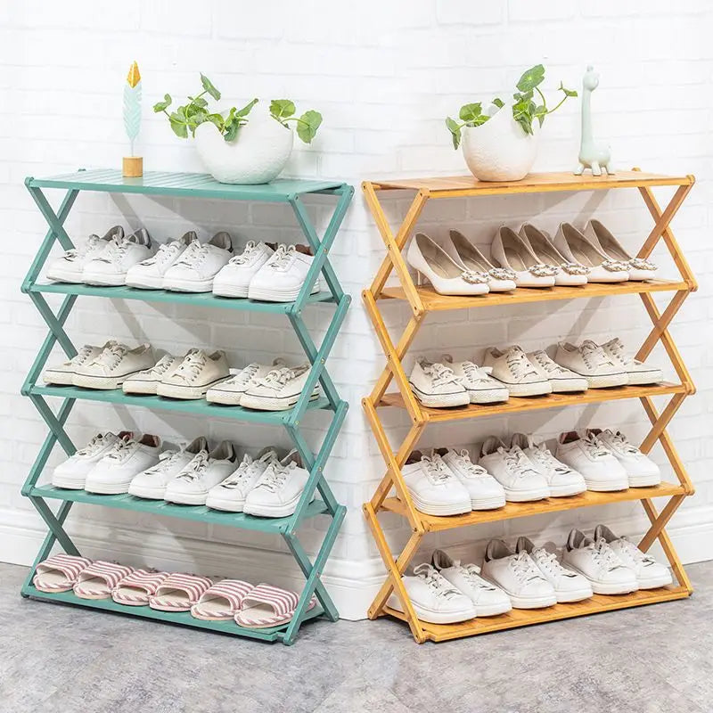 Cnlf Bamboo Folding Multi Functional Household 4 Layer 2 Tier Simple Cabinet Door Economical Foldable Wooden Shoe Rack CNLF