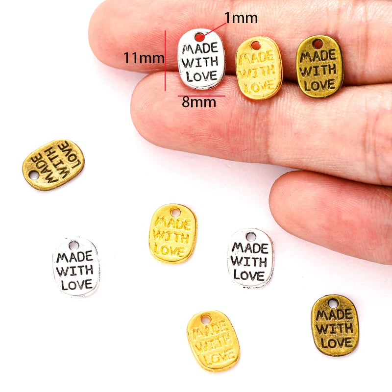 100pcs/bag Metal Alphabet Letters Made with love Charms for Jewelry Making Diy Hand Made Accessories 11*8mm S206