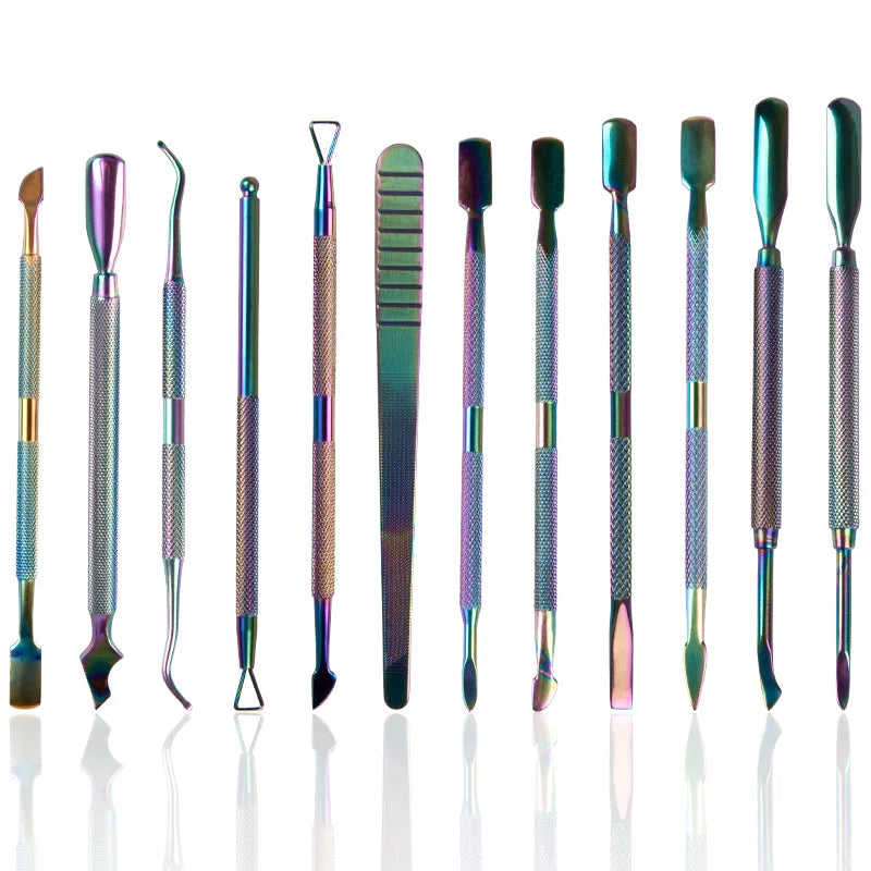 12 Style Rainbow Stainless Steel Nail Cuticle Pusher Tweezer Nail Art Files UV Gel Polish Remove Manicure Cuticle Pusher