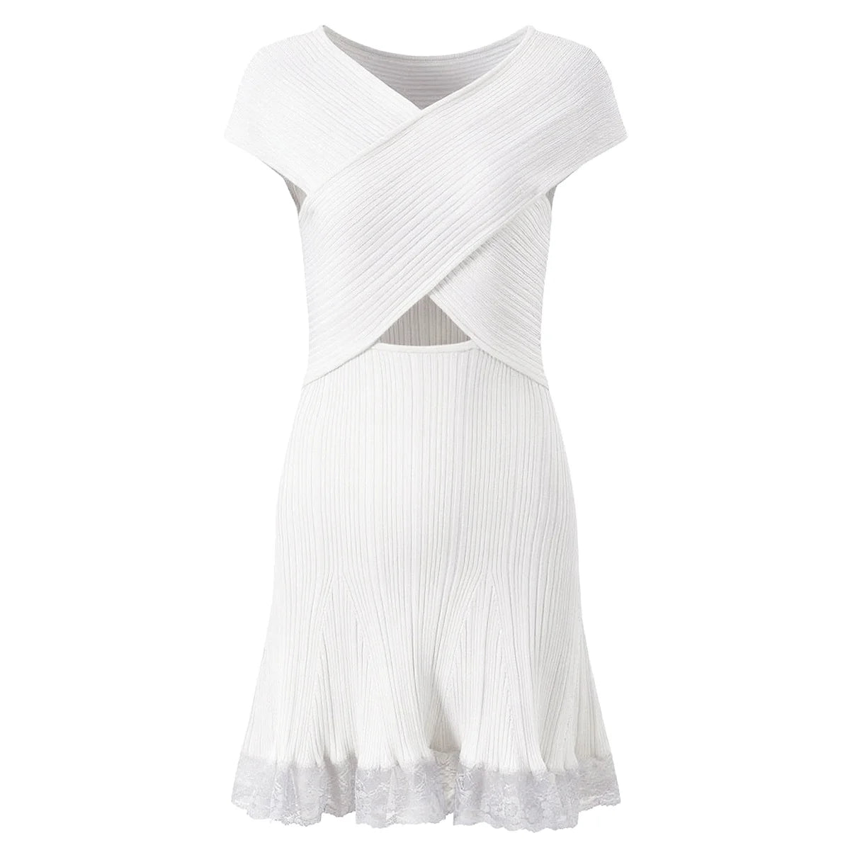 2025 Stylish Mermaid Mini Dress for Women Quality Designed Solid Knits Lace Patchwork Hollow Summer Outwear Casual Natural