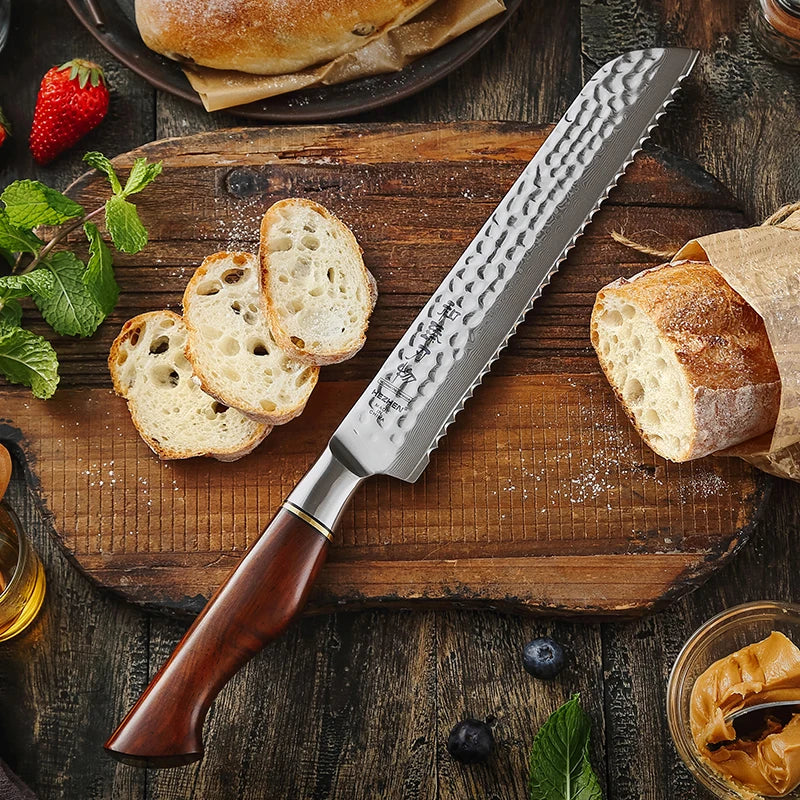 73 Layers 14Cr Core Powder Damascus Steel Kitchen Bread Knife With Rose Wood Handle Customized Logo