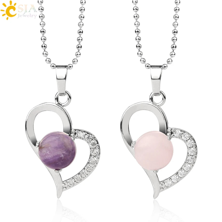 CSJA Fashion Zircon Necklace Natural Crystal Heart Gemstone Necklace Pendant for Lover G499