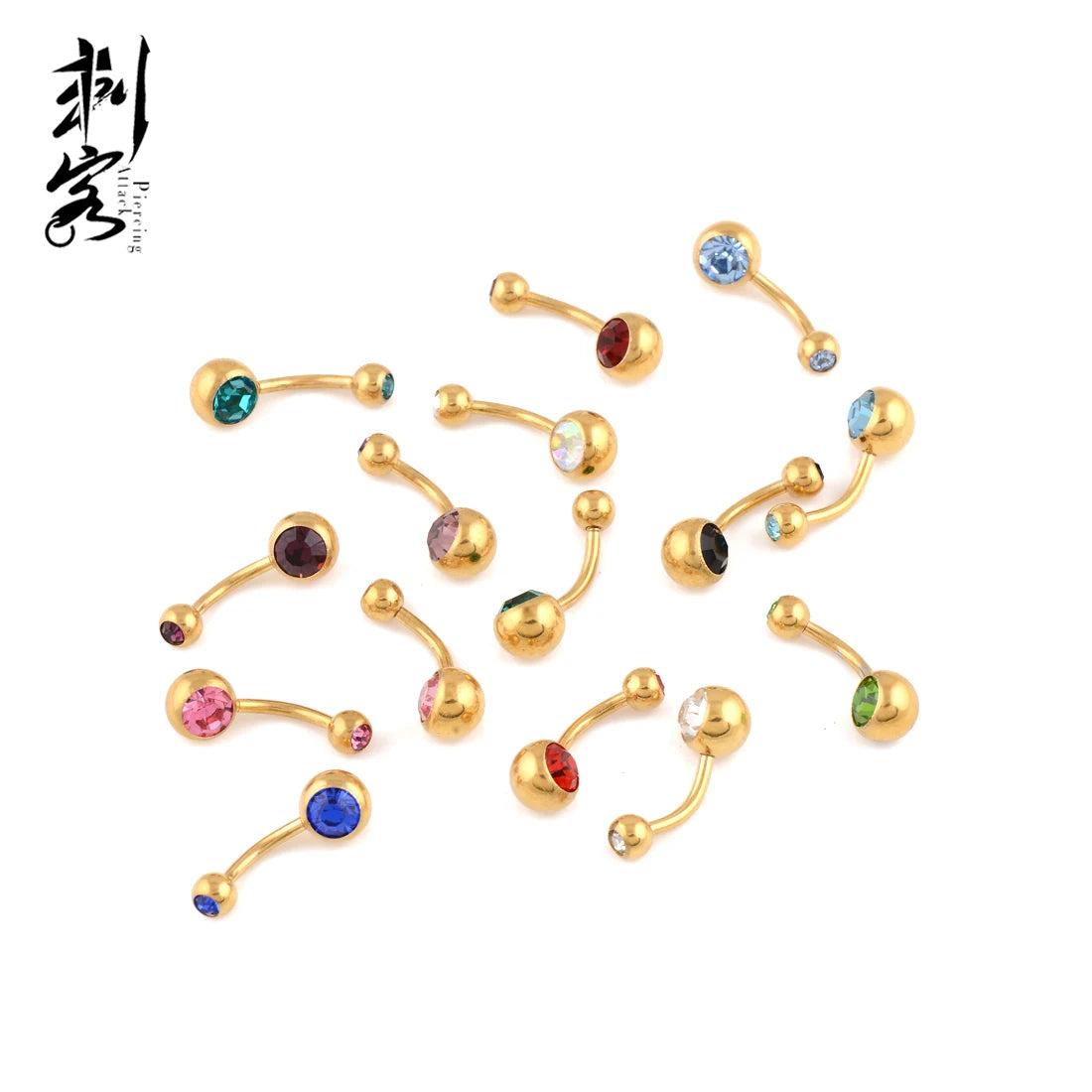 316L Stainless Steel Gold PVD Plated Double Gem Belly Button Rings