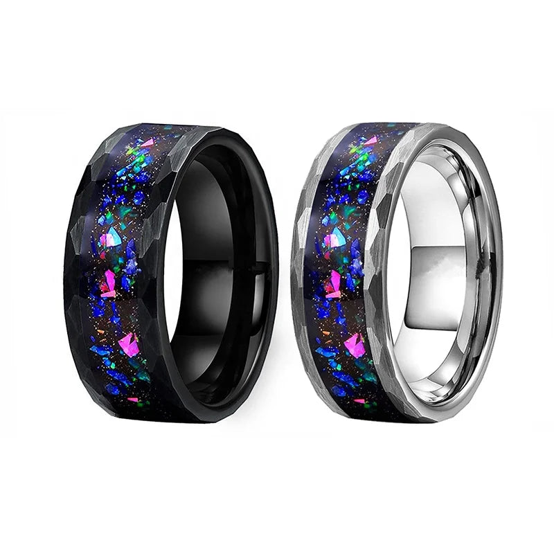 POYA Hammered 8mm Black Tungsten Green Fire Opal Inlay Galaxy Sandstone Wedding Ring for Men