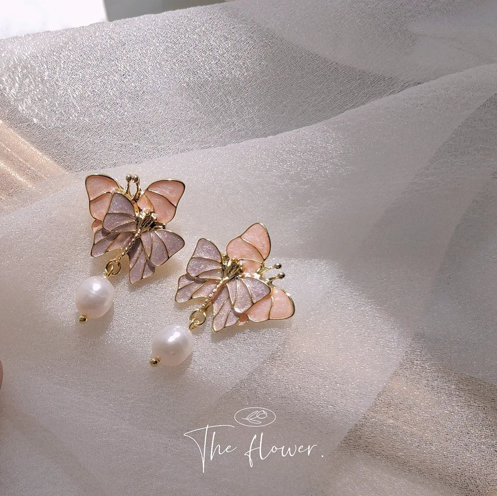 Vintage S925 Silver Needle Earrings with Purple Dreamy Butterfly Sweet Freshwater Pearl Gentlemen Elegant Temperament