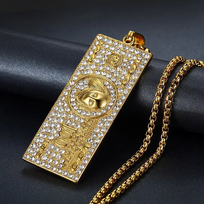 Stainless Steel Gold Color Us Dollar Custom Pendant Neck Chain Charms Zircon Necklace for Men Hypoallergenic Party Gifts