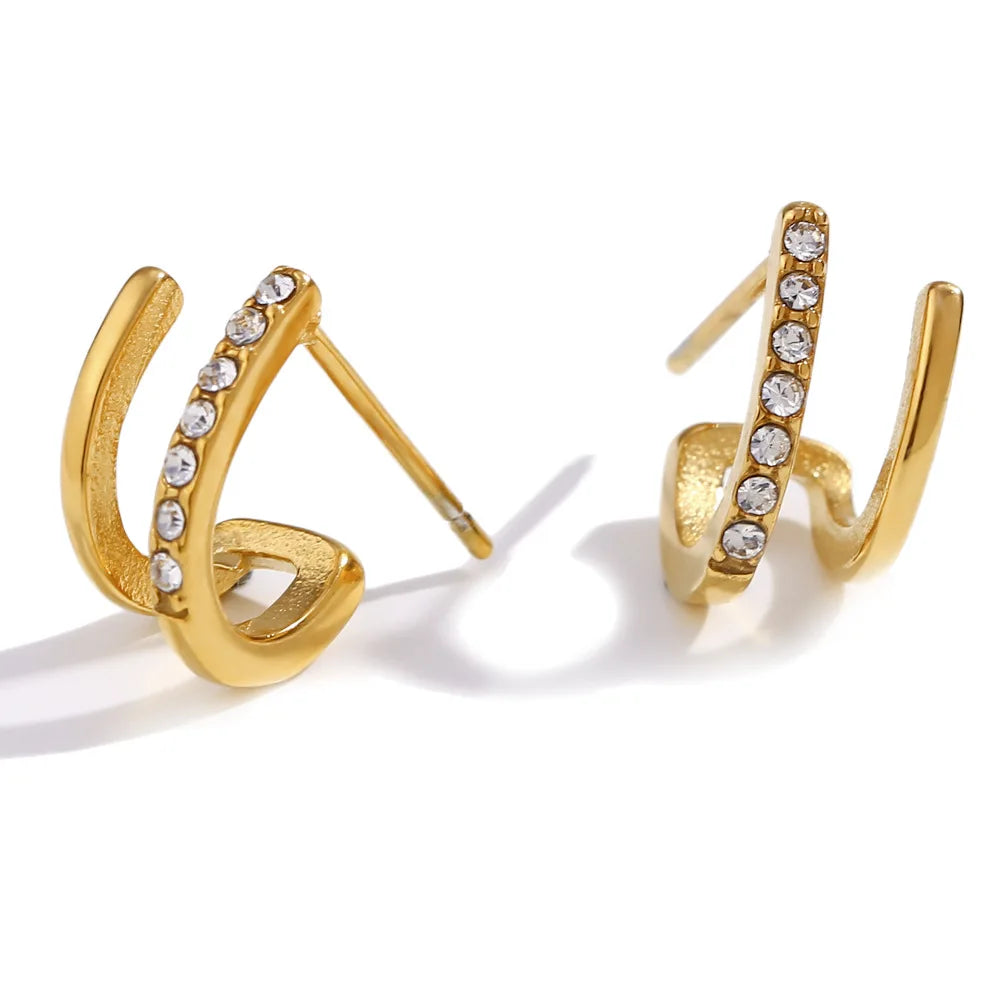 Aretas INS 2023 Hot Products Stainless Steel Earrings Jewelry 18k PVD Gold Plated Double Layered Dainty Zircon Hoop Earrings
