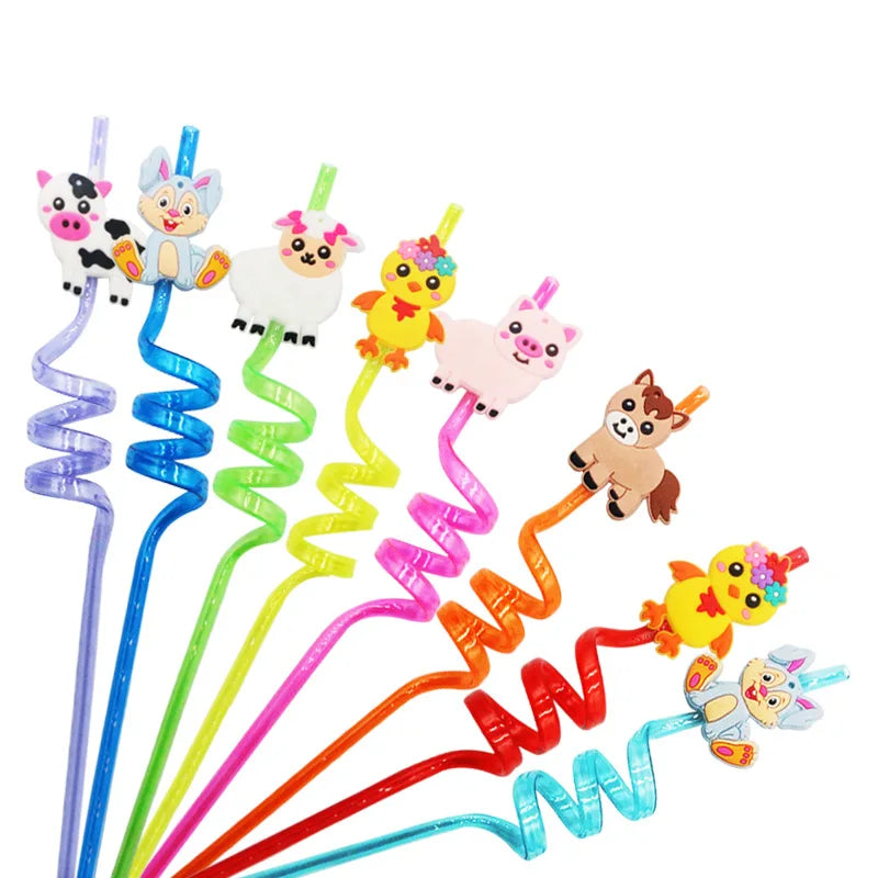 Barnyard Farm Birthday Party Supplies Gift Favors Chicken Sheep Horse Cow Pig Reusable Farm Animal Plastic Straws