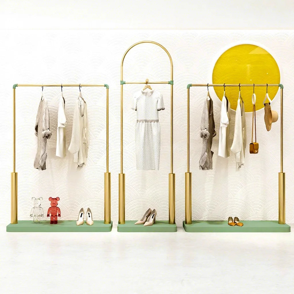 Hot Sale Floor Stand Clothes Hanger Metal Golden Clothes Hanging Rack  Stainless Steel Display Shelves for Shop
