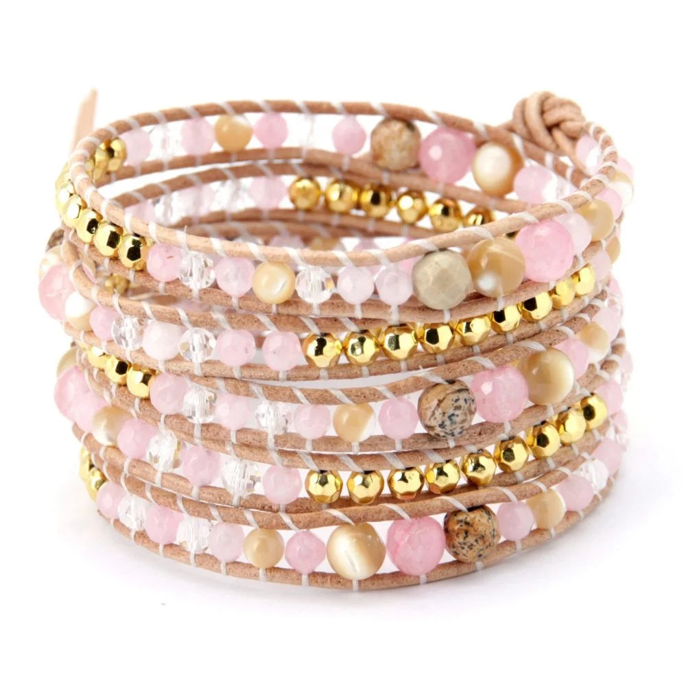 Factory Handcrafted Luxury Natural Gemstone Wrap Bracelet Romantic Pink Stone Wristband for Mom Fashion Accessory