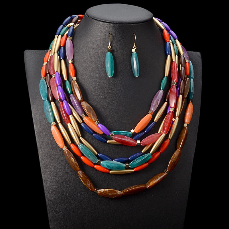Fashion Color Beads Multi Layer Necklace Earrings Women Jewelry Bohemian Statement Necklace African Bead Jewelry Set