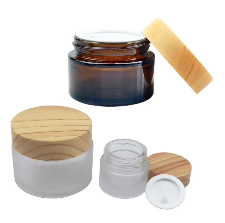Empty Amber Brown Cosmetic Glass Jar 1oz 5g 10g 15g 20g 50g 100g 30g Eye Cream Frosted Glass Jar 50ml with Bamboo Cap Lid