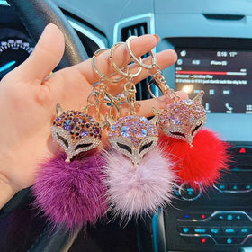 Rabbit Fur Fluffy Pom Pom Keychain Fashion Glitter Crystal Fox Head Metal Key Chains Sparkly Rhinestone Fox Charms Car Keychain