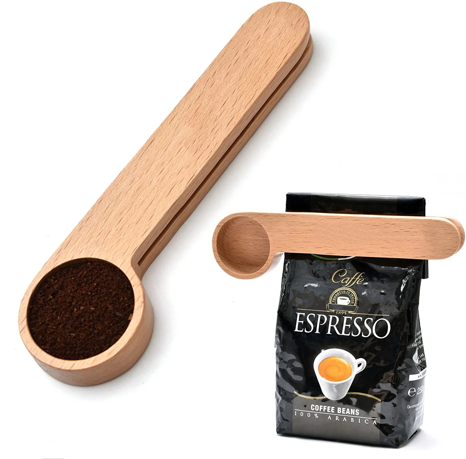 Tailai Factory Wholesale Custom Logo Natural Beech Wood Spoon 2-In-1 Bags Measuring Spoon Wood Coffee Scoop With Bag Clip