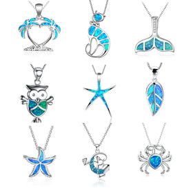 2024 Trendy Summer Beach Ocean Opal Women Necklace Coconut Tree Dolphin Turtle Starfish Blue Opal Star Necklace