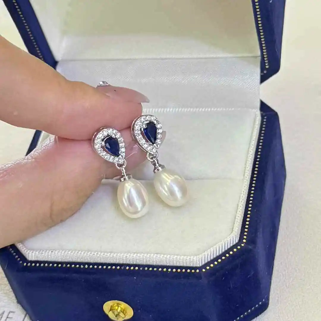 Sea Blue Treasure 7mm Strong Light Natural White Freshwater Rice Shaped Pearl Water Drop Earrings