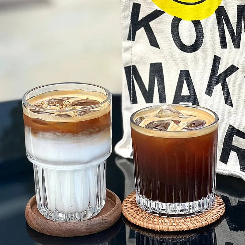Seaygift Vintage Vertical Stripe American Iced Coffee Cup Home Bar Wine Whiskey Cup Clear Cold Juice Milk Latte Glass Mug