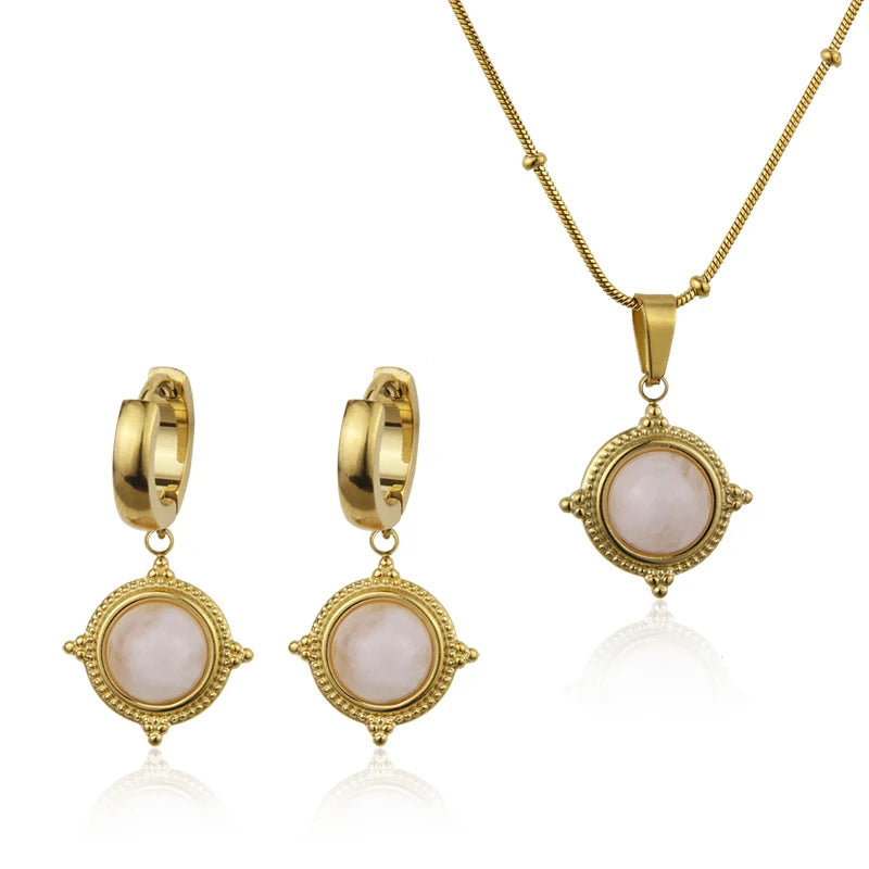 Fashion 18k Gold Plated Stainless Steel Flower Pendant Inlaid Natural Stone Light Luxury Necklace Jewelry Set Accessories