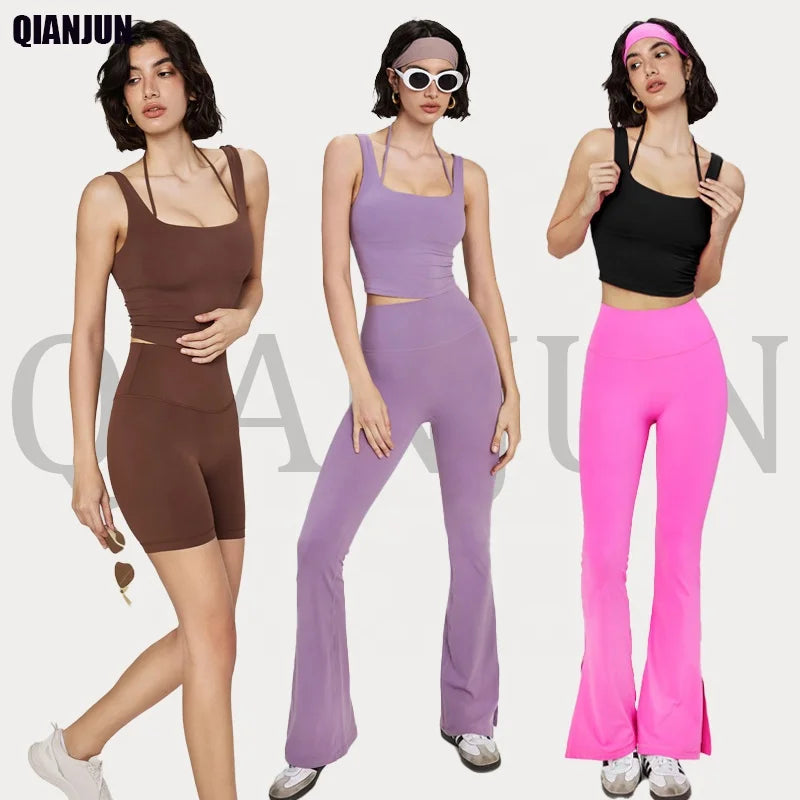 Women High Quality Cross Back Thin Strappy Sports Bra High Waist PeacH Hip Gym Fitness Yoga Tight Shorts Pants Leggings Suit Set