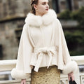 2022 Fashion Ladies Cape Woolen Real Fox Fur Collar Poncho Luxurious Winter Shawl With Fur Cuffs