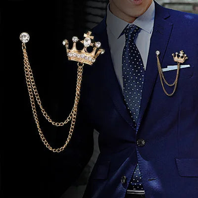 High-End Men's Brooch British Style Diamond Crown Badge Vintage Suit Chain Pin for Wedding Party Gift