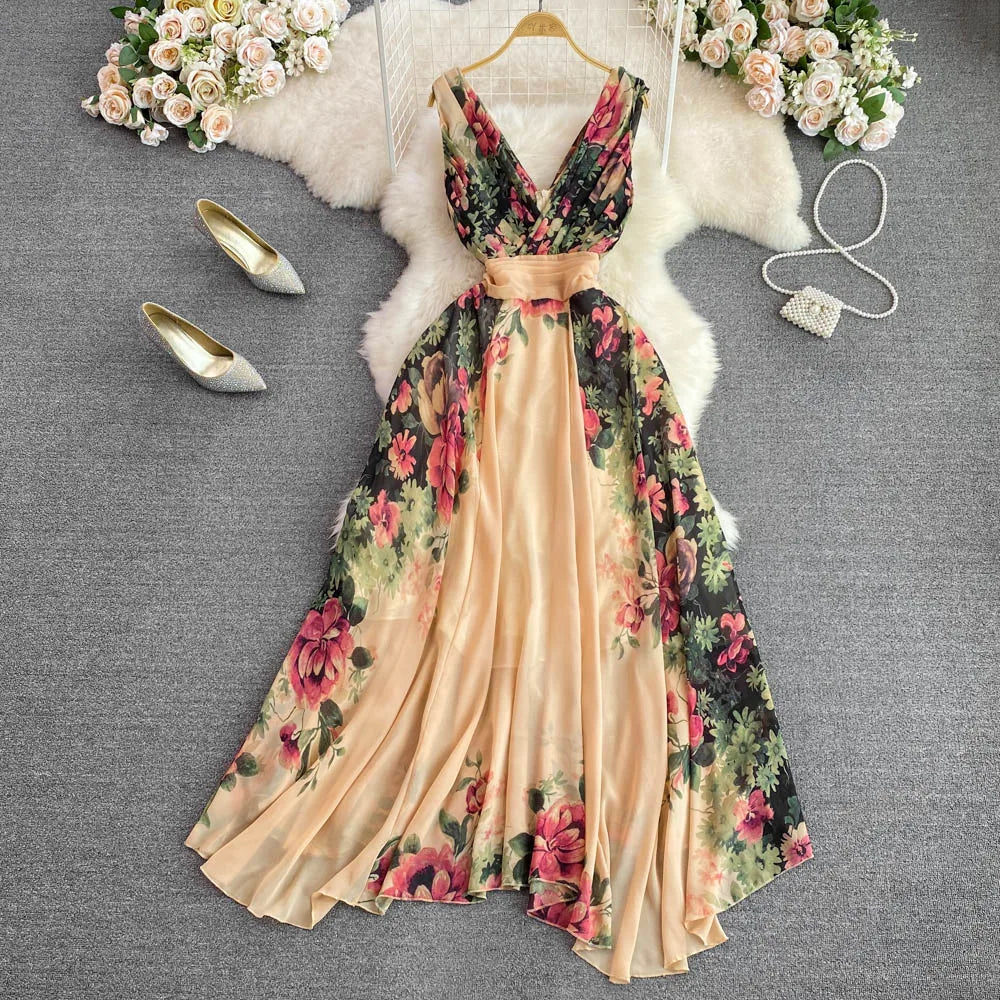 Wholesale 2023 Summer European and American Style Dress V-neck Waist Waist Slim Print A-line Large Swing Women's Dress