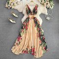 Wholesale 2023 Summer European and American Style Dress V-neck Waist Waist Slim Print A-line Large Swing Women's Dress