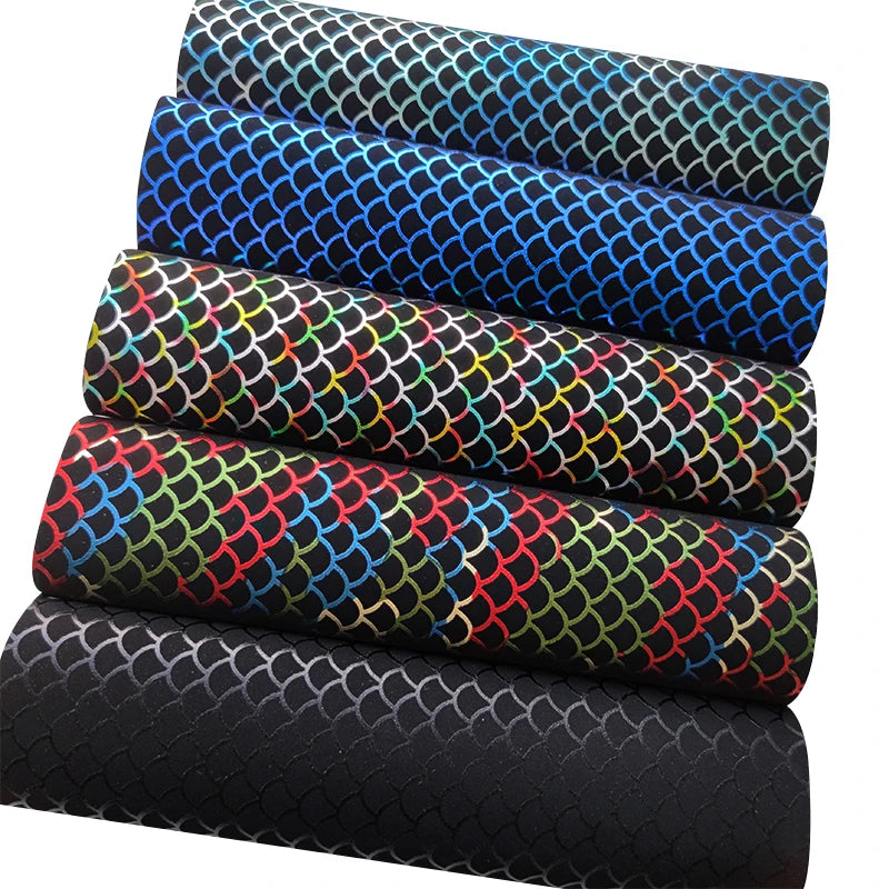 Fish Scale Printed Colorful Black Base PU Faux Leather Soft Fabric for Stitching Bag Decorative Shoe Upper Clothing